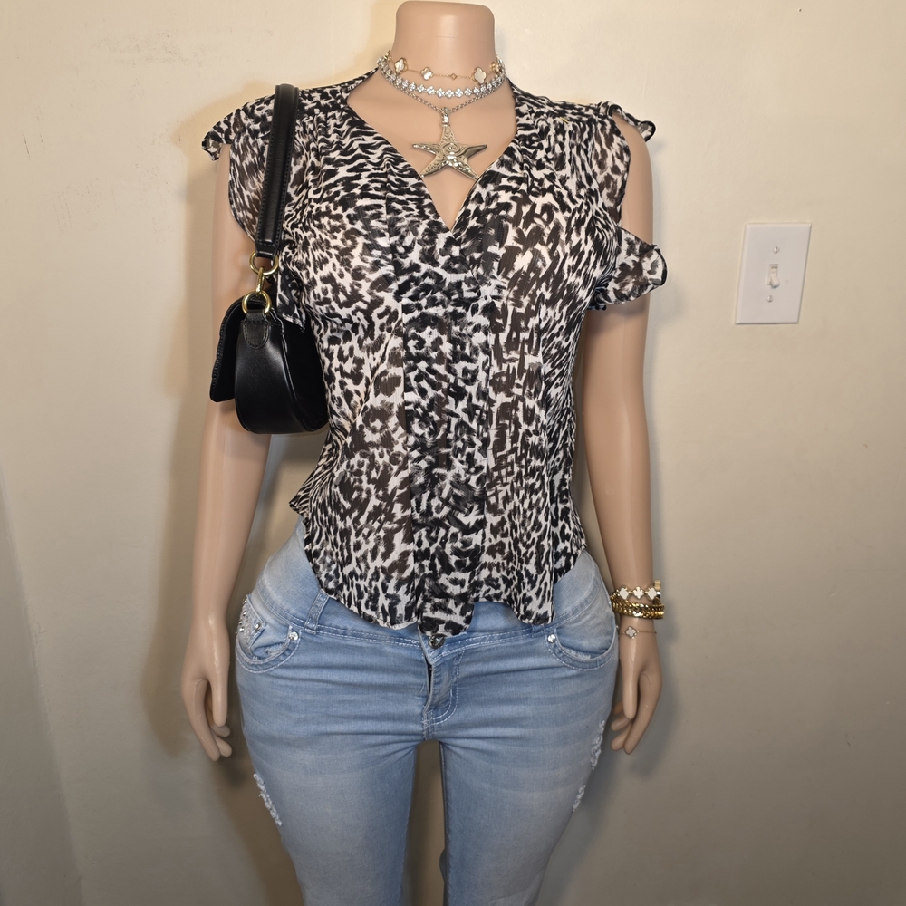 A.N.A Black and White Animal Print Sheer Top